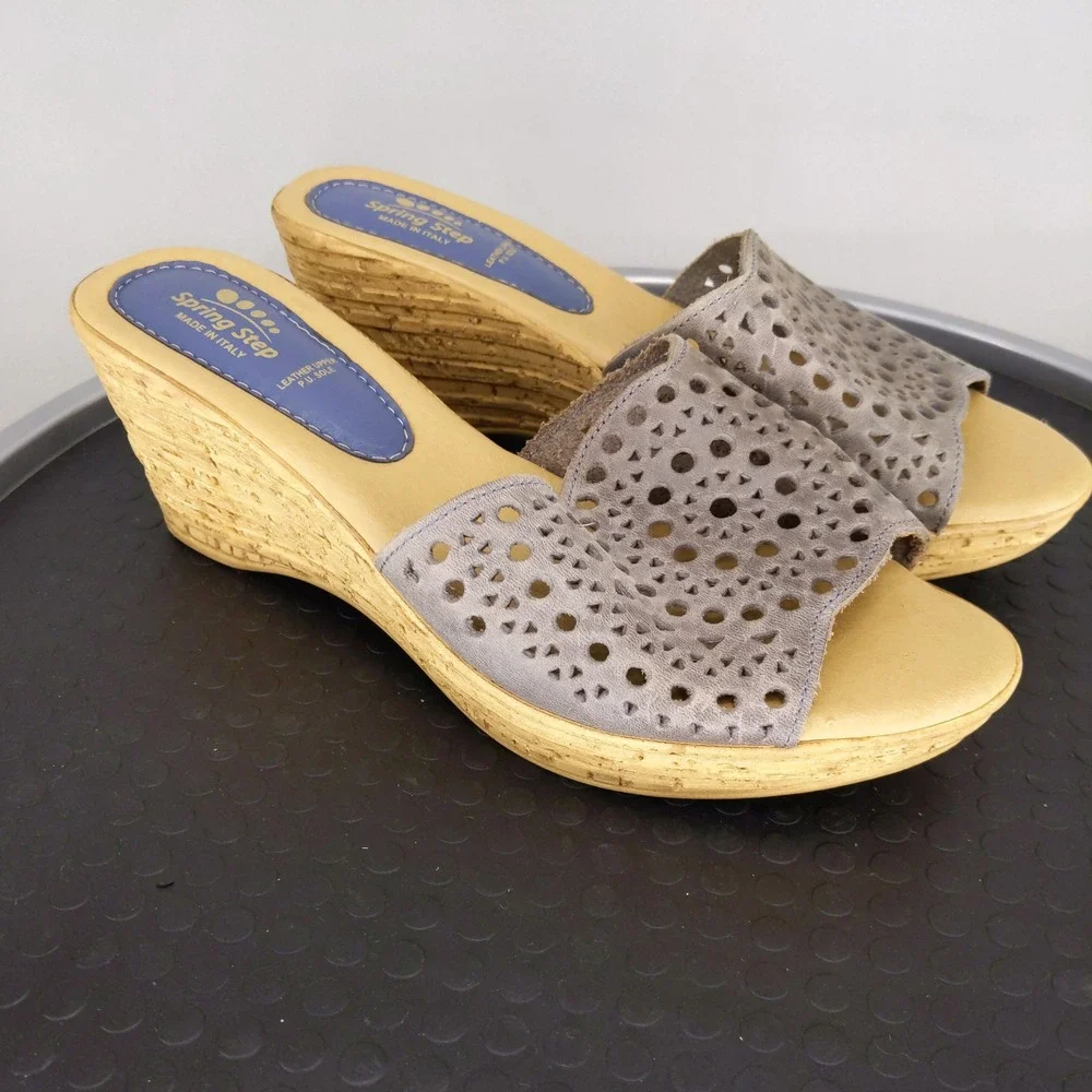 Spring Step Wedge Sandals Gray Leather Laser Cut Geometric Italy 42 10.5/11‎